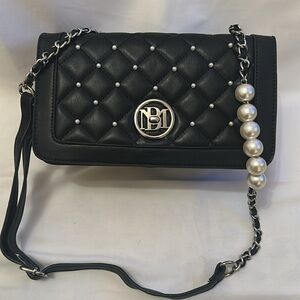 NWT! Barely Mischka Black Quilted Crossbody Bag with Pearl Accents